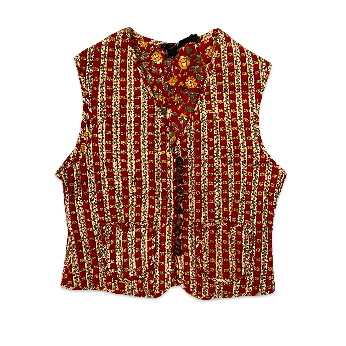 Vintage Red & Beige Floral Print Quilted Waistcoat 12