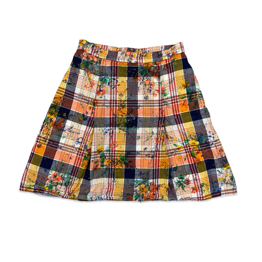 Vintage Orange & Navy Plaid Floral Print Box Pleat Mini Skirt 8