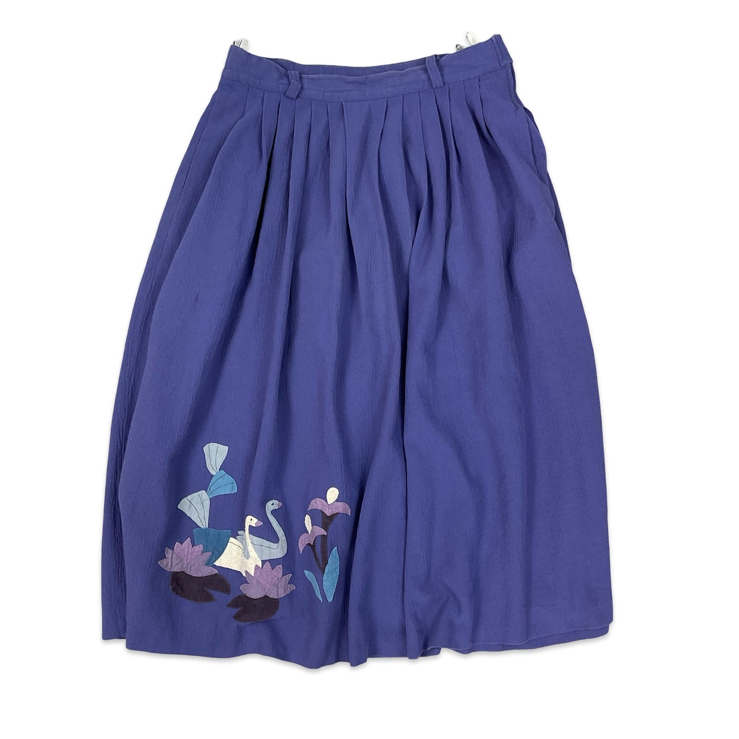 Vintage Purple Pleated Midi Skirt with Embroidered Geese Graphic 10