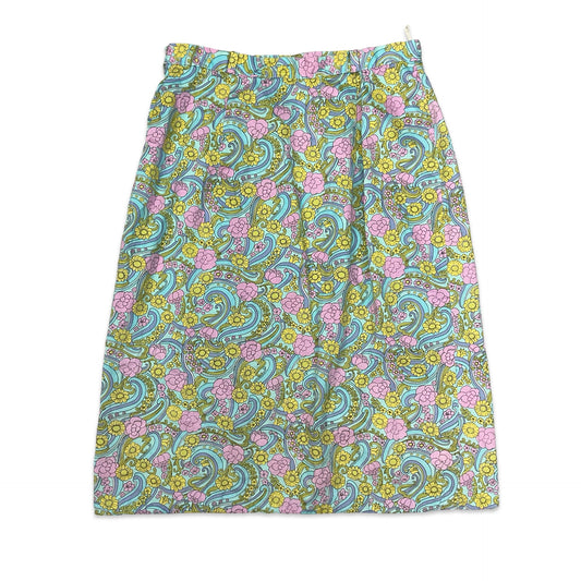 Vintage 70s Pink Yellow & Blue Psychedelic Floral Print A-line Midi Skirt 8