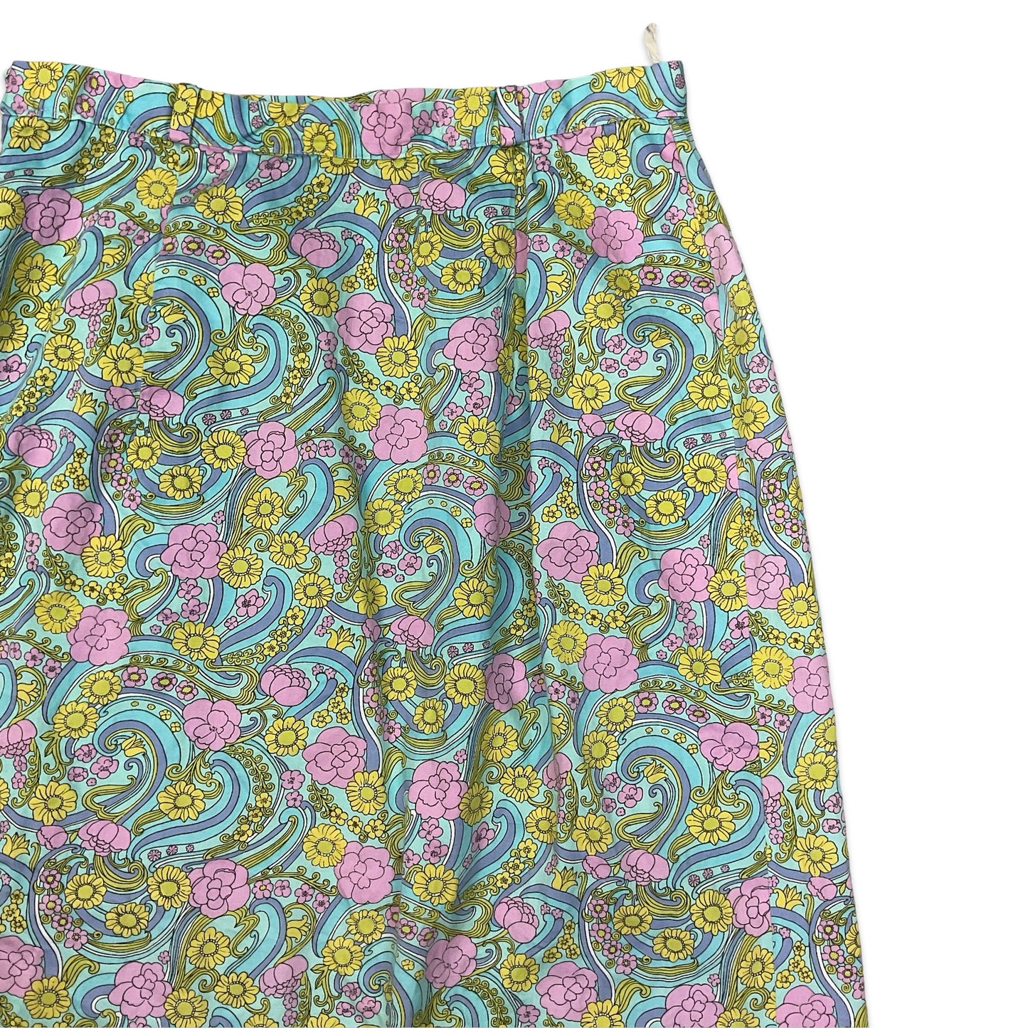 Vintage 70s Pink Yellow & Blue Psychedelic Floral Print A-line Midi Skirt 8