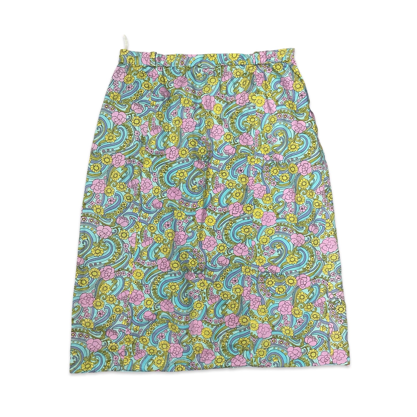 Vintage 70s Pink Yellow & Blue Psychedelic Floral Print A-line Midi Skirt 8