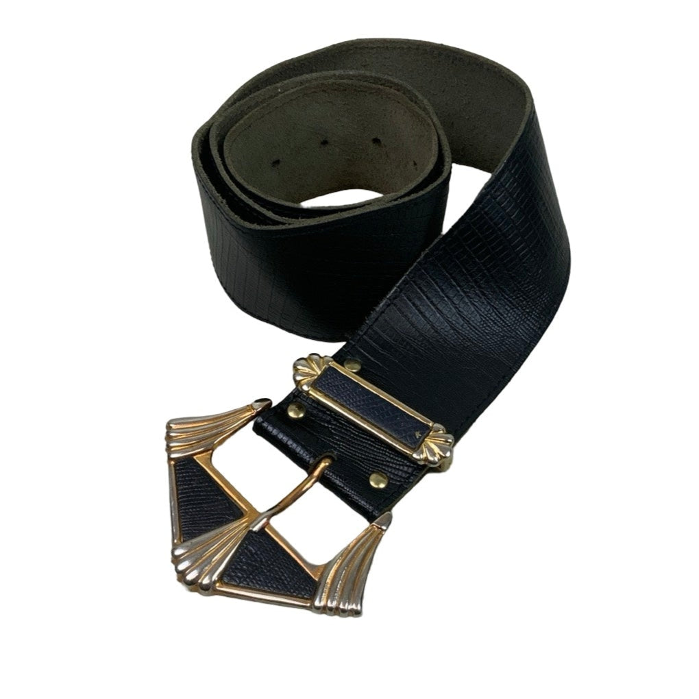 Vintage Black Croc Leather Gold Buckle Belt