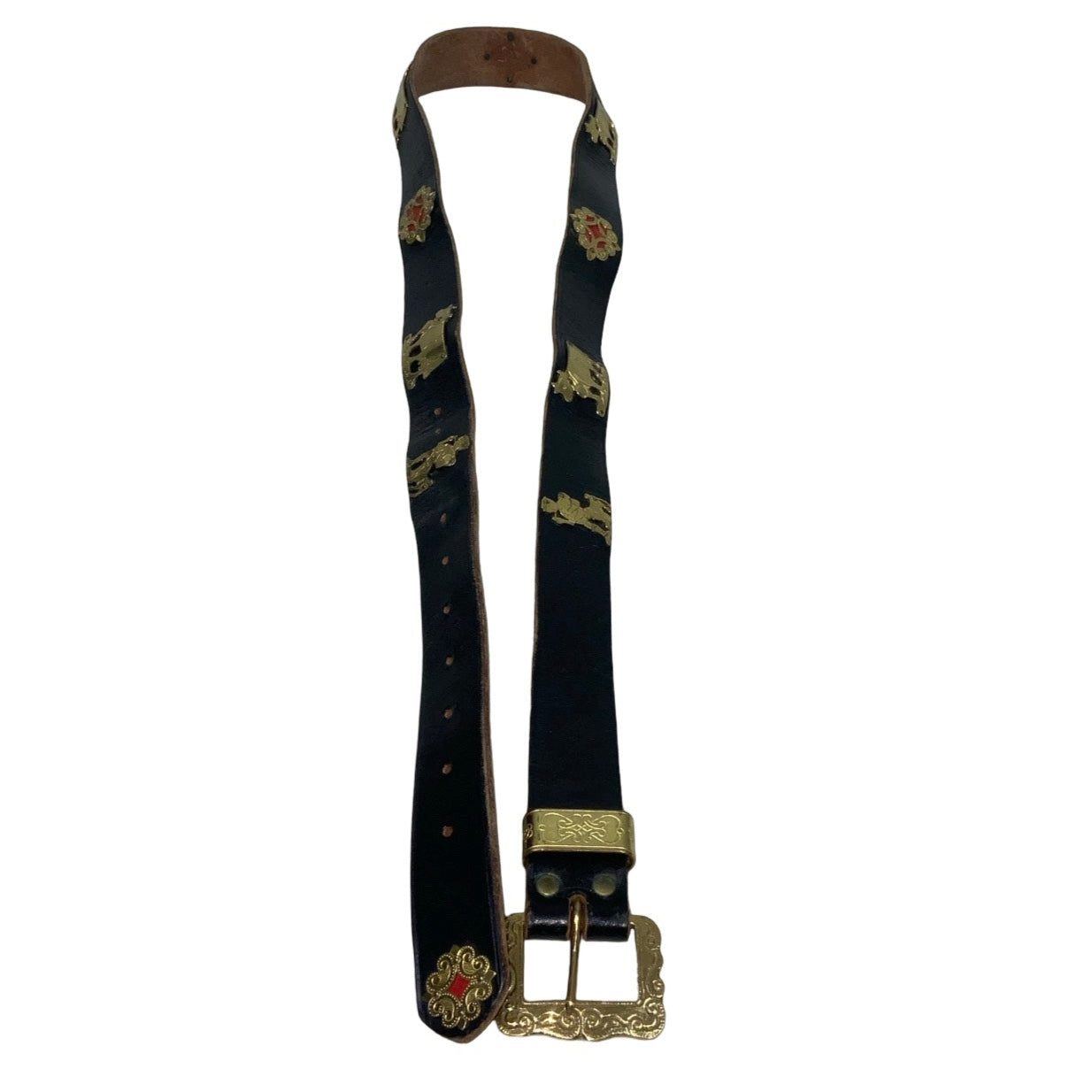 Vintage 'Appenzeller Gurt' Swedish Thin Black Leather Novelty Gold Mule Studded Buckle Belt