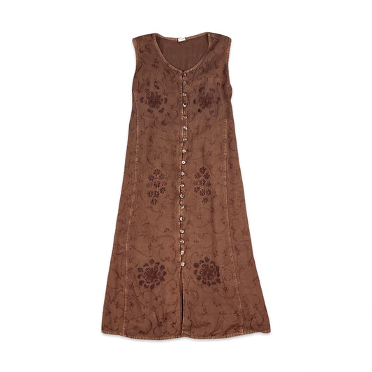 Vintage 90s Brown Embroidered Cotton Maxi Dress 8 10