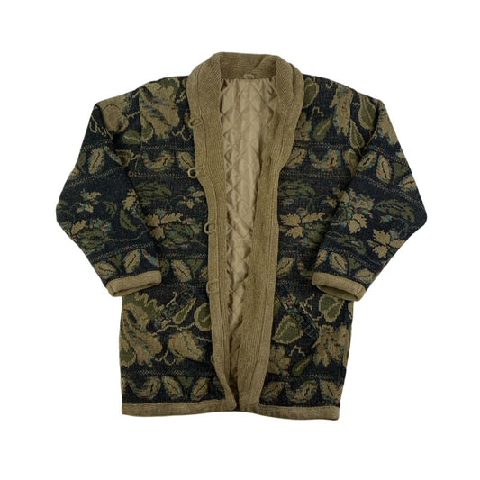 Vintage 80s Green Brown Tapestry House Coat Cardigan Jacket L 16 18