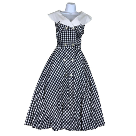 Vintage 80s Black White Check Pockets Sailor Aline Midi Swing Dress 12 14 16