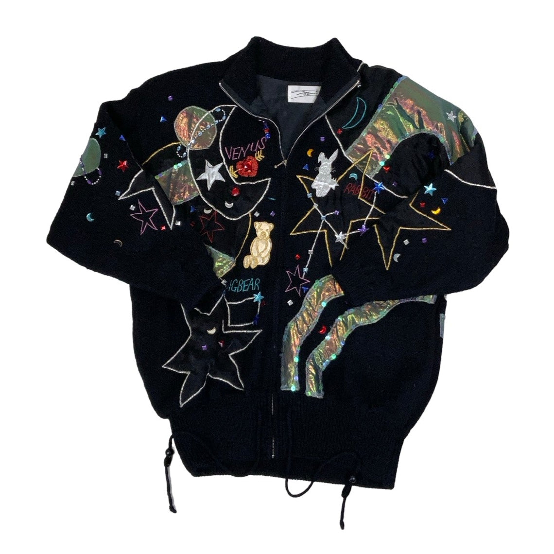 Vintage 80s Crazy Whimsical Psychedelic Geometric Space Embroidered Zip-Up Black Mohair Cardigan XL 2XL