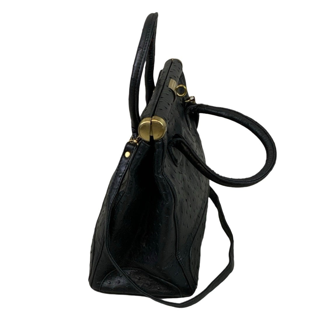 Vintage 90s Black Ostrich Leather Textured Twist Lock Handbag Shoulder Bag