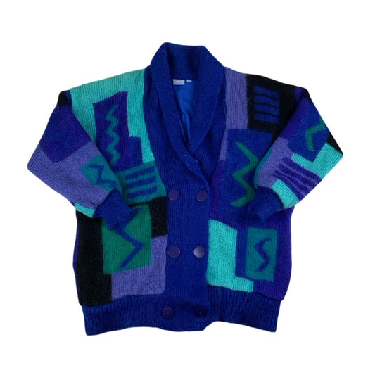 Vintage 80s Blue Geometric Mohair Cardigan L XL