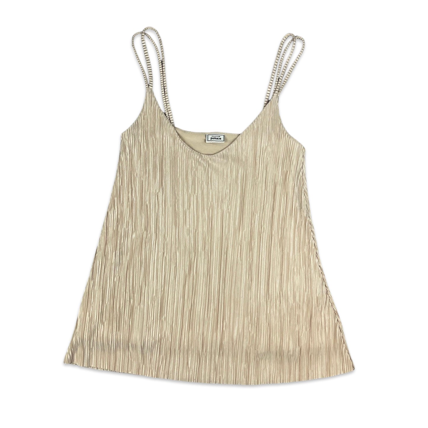 Vintage Champagne Gold Pleated Spaghetti Strap Top 6