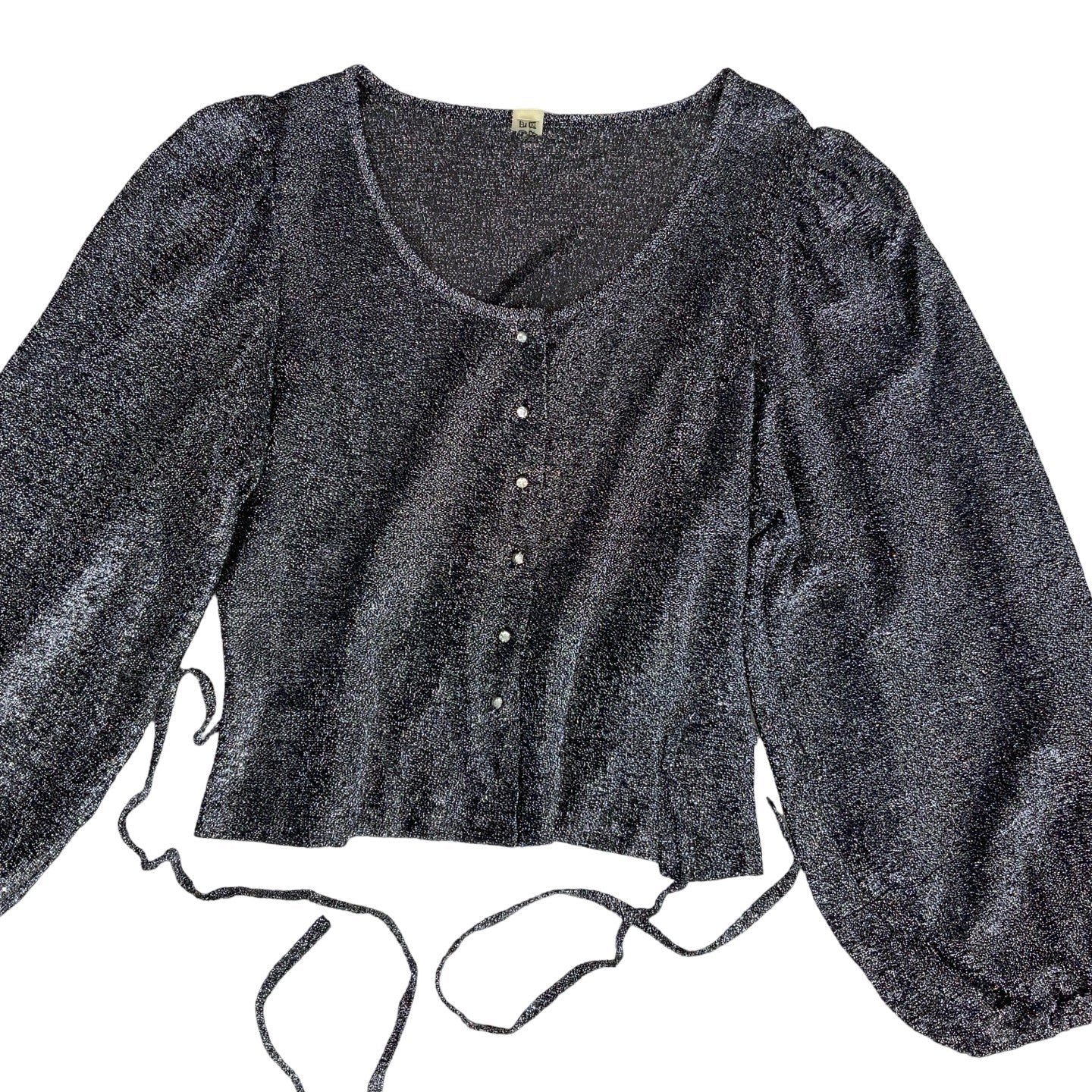 Silver Black Balloon Sleeve Crop Blouse Top S 10 12