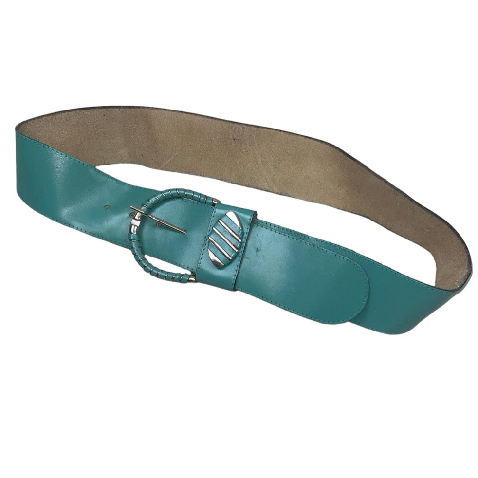 Vintage 80s 90s Retro Teal Green Glossy Leather Silver Buckle Belt