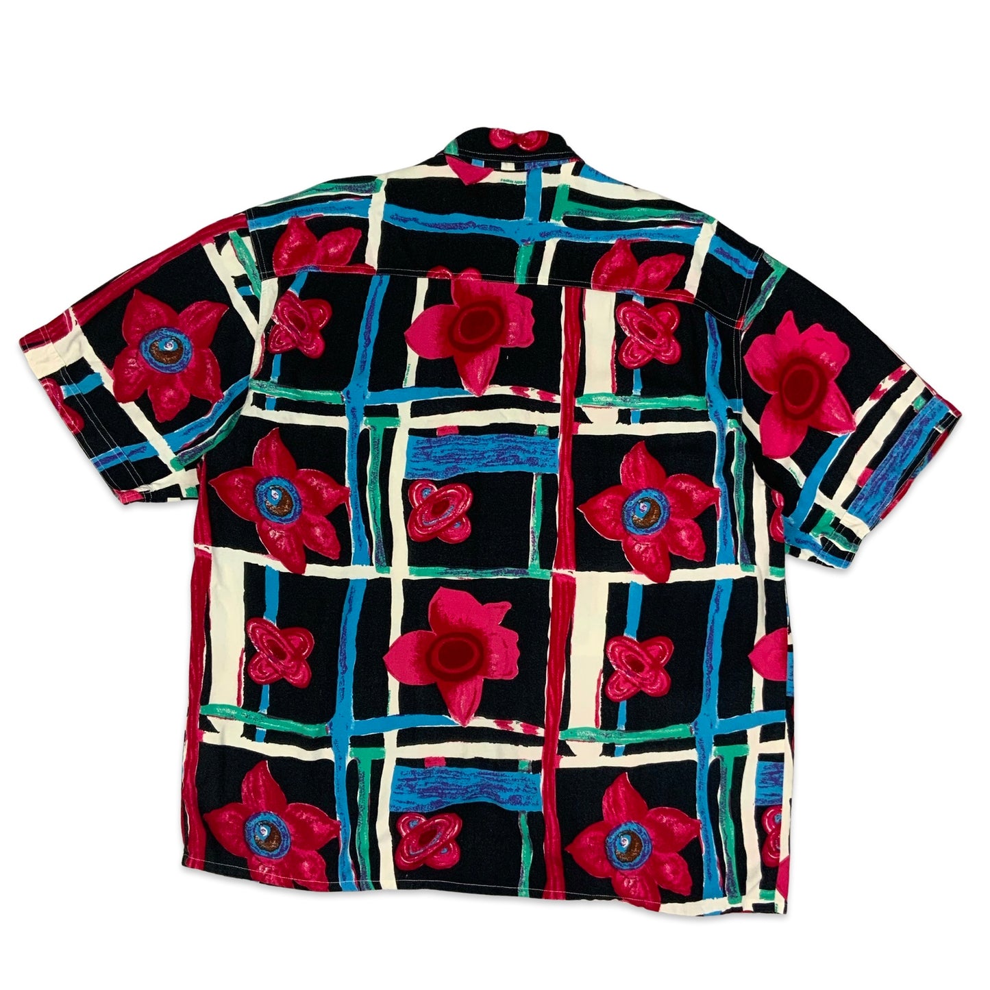 80s Multicoloured Floral Checkered Print Shirt L