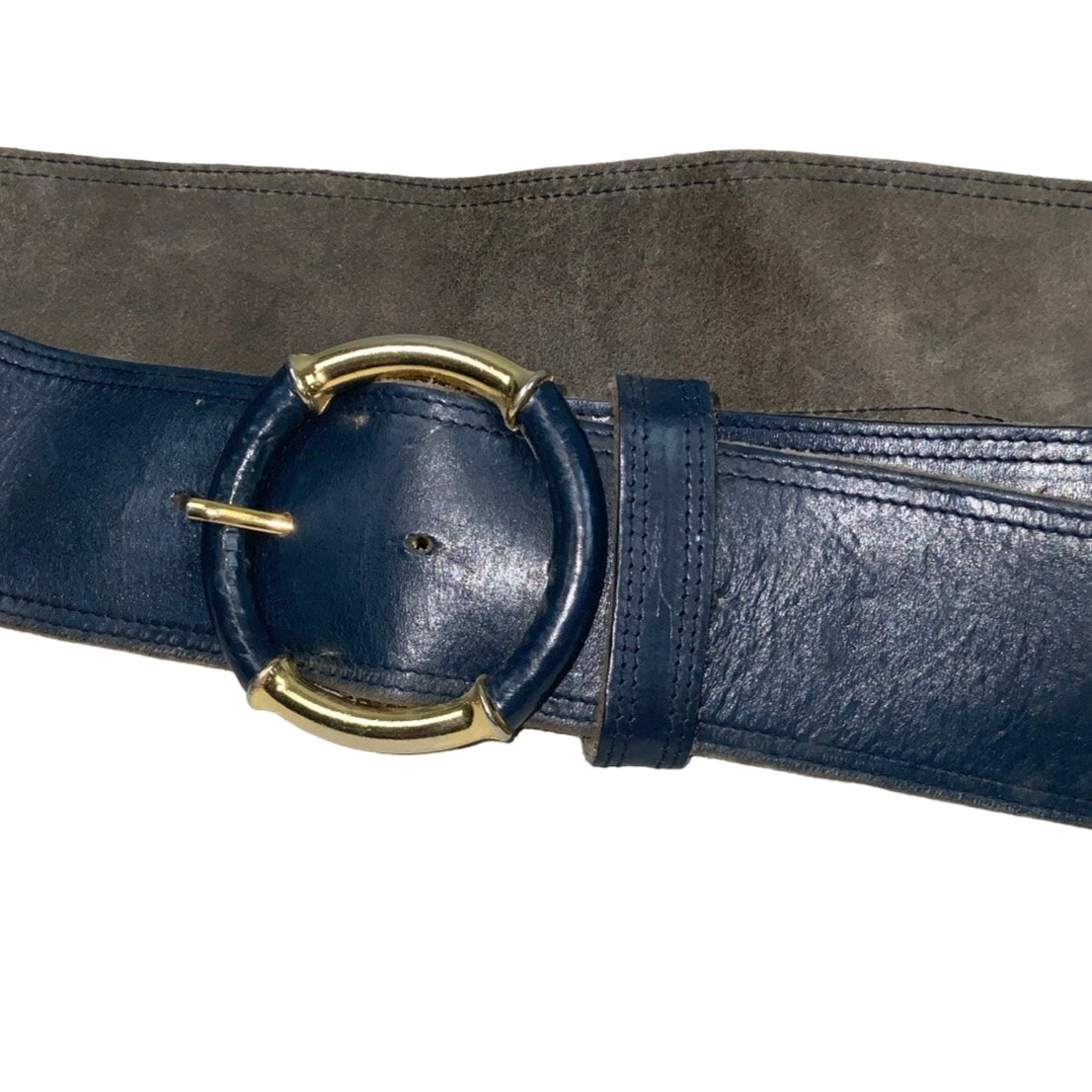 Vintage 80s 90s Blue Gold Leather Circular Buckle Belt