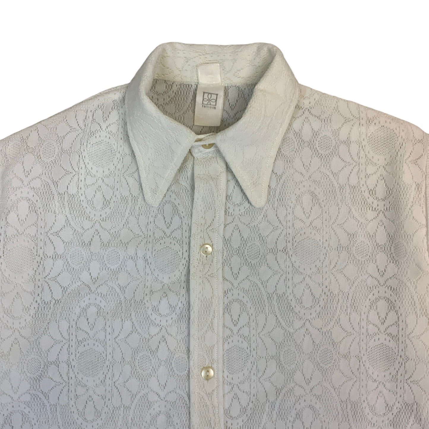 70s White Floral Lace Dagger Collar Shirt M