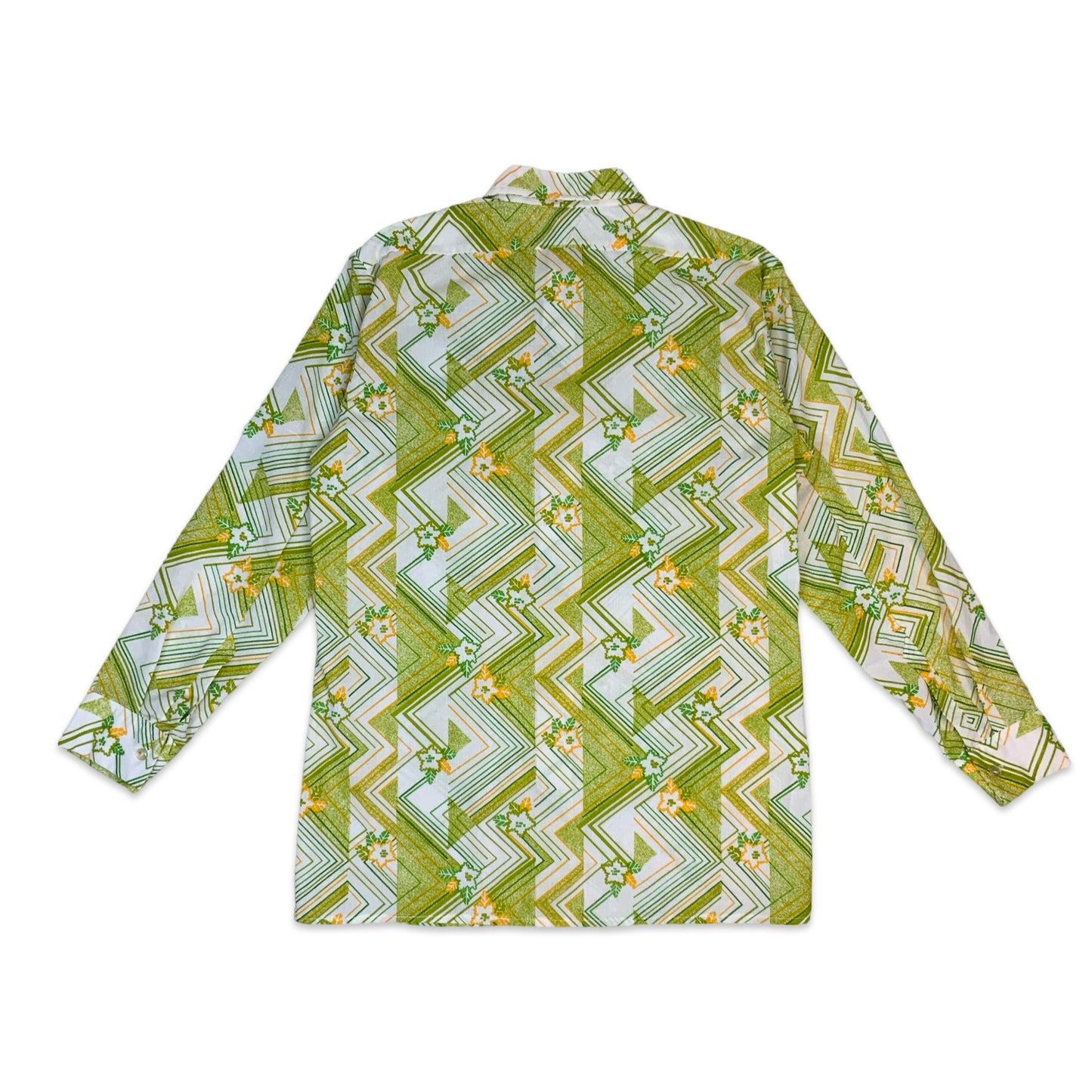 70s Green White & Orange Geometric Print Dagger Collar Shirt XS S