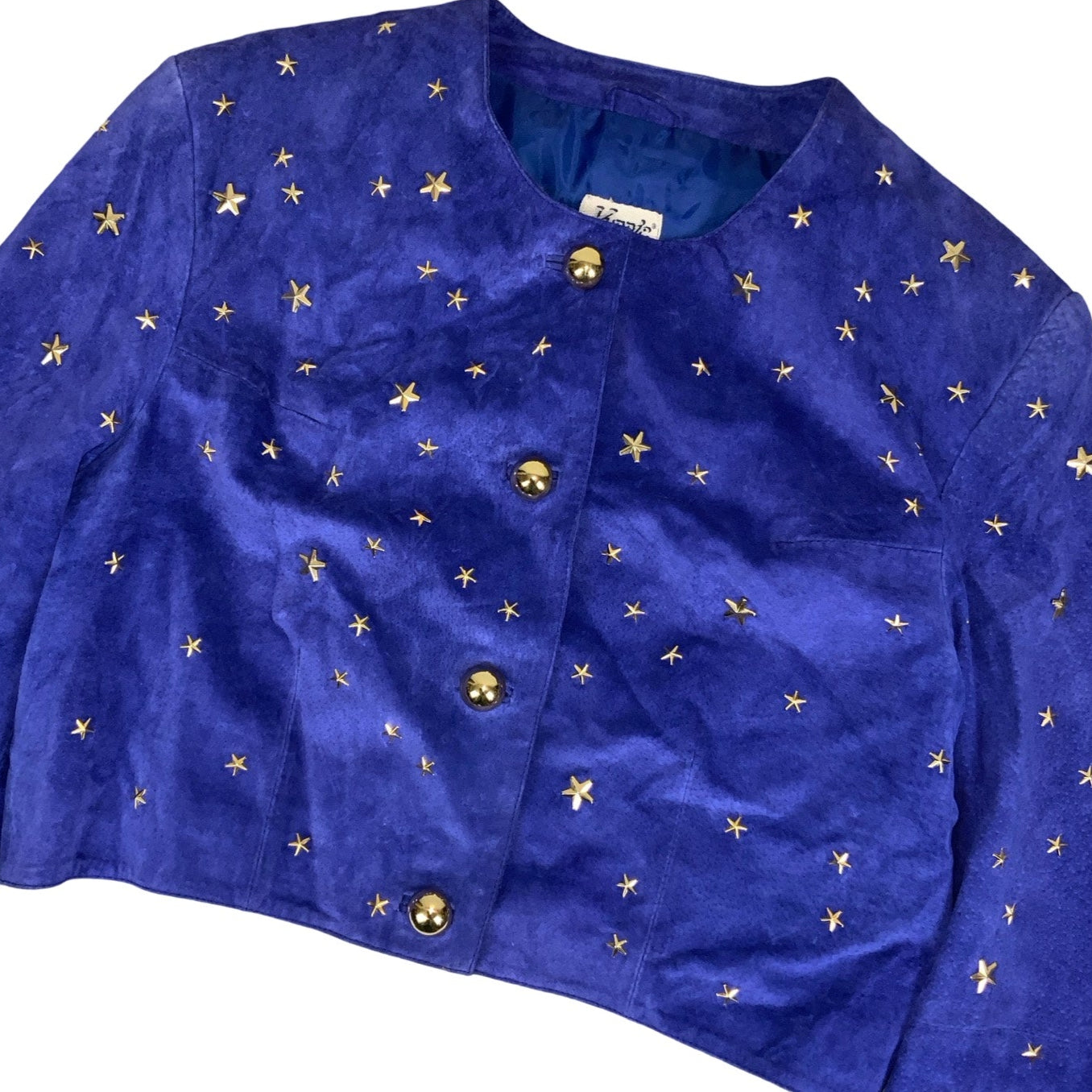 Vintage 80s ‘Kippie Company’ Blue Star Stud Crop Statement Suede Leather Jacket 12 14