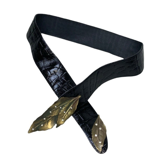 Vintage 80s Black Textured Glossy Leather Diamante Brass Leaf Buckle Belt