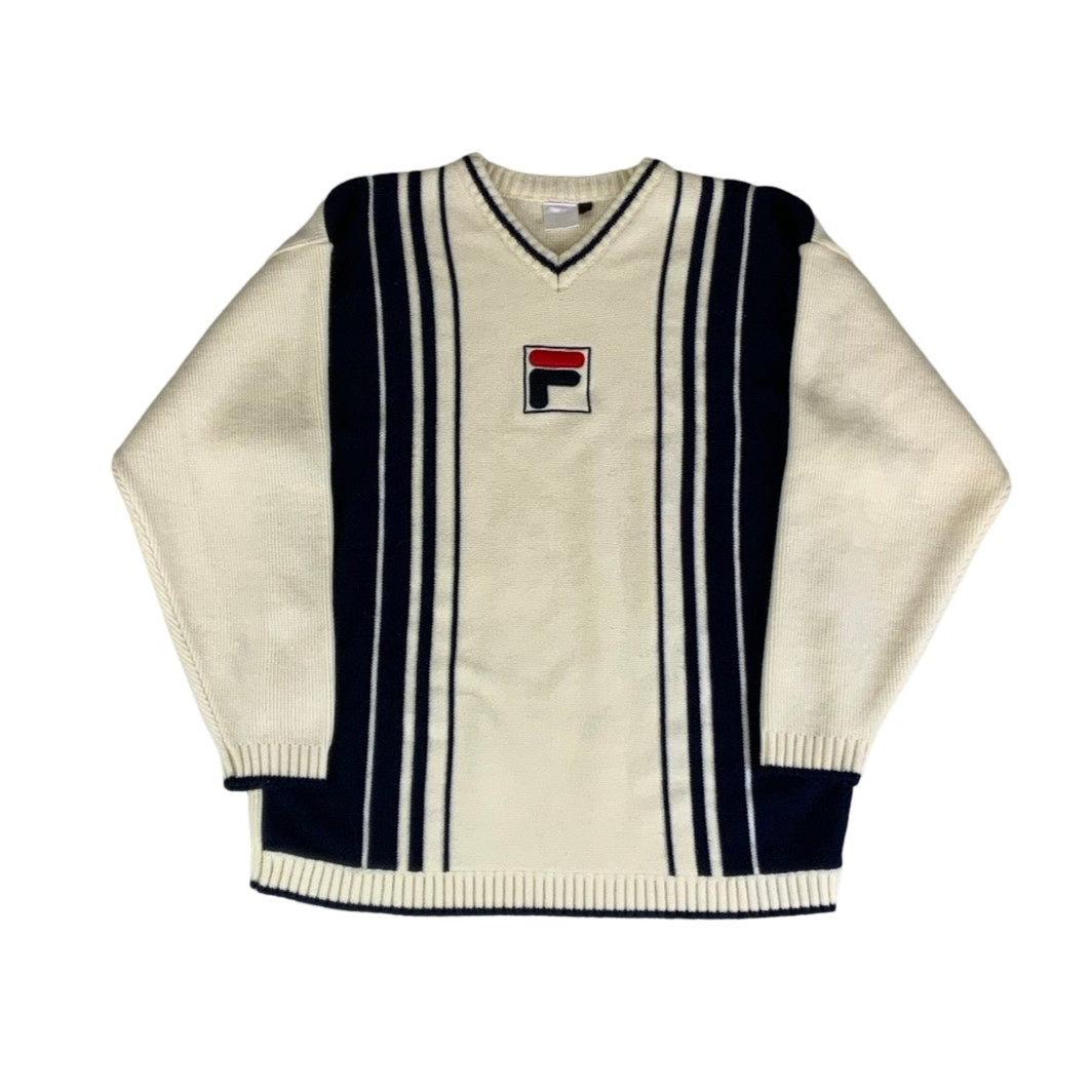 Vintage ‘Fila’ Cream Blue Stripe V-Neck Jumper M L