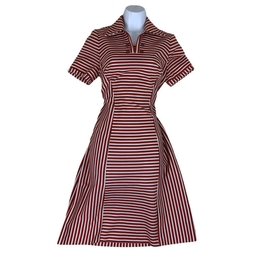 Vintage 60s 70s Red White Brown Stripe Mini Shirt Dress 10 12