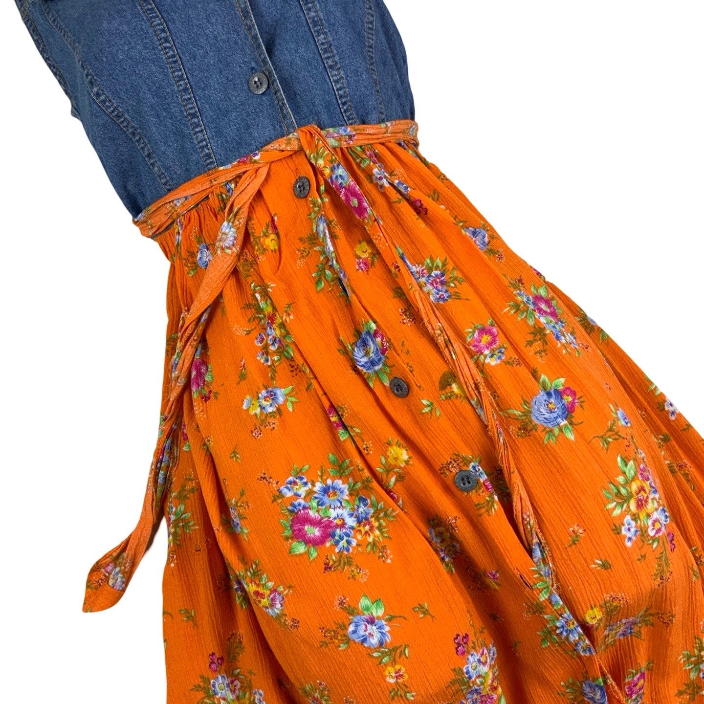 Vintage 90s Orange Floral Midi Sleeveless Denim Dress 6 8 XS