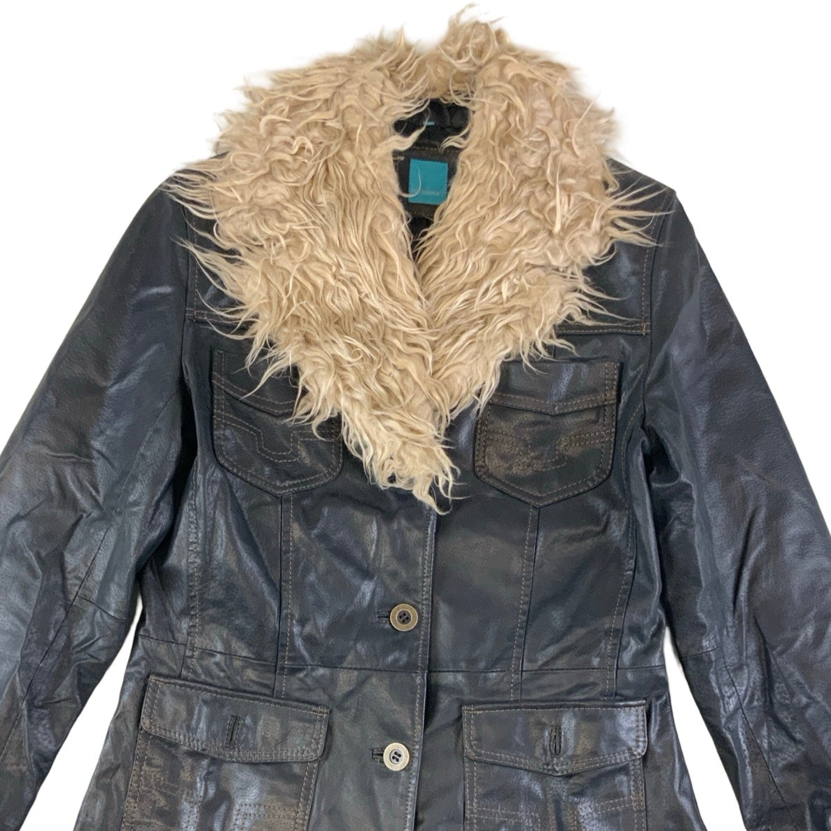 Vintage 90s ‘Coolwater’ Long Faux Teddy Fur Leather Jacket S 8 10