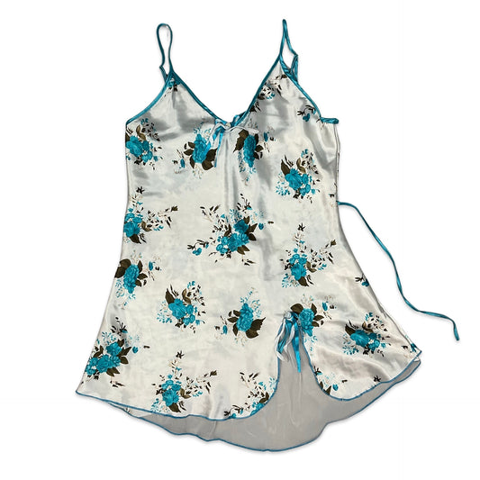 90s White & Blue Floral Babydoll Top 8 10