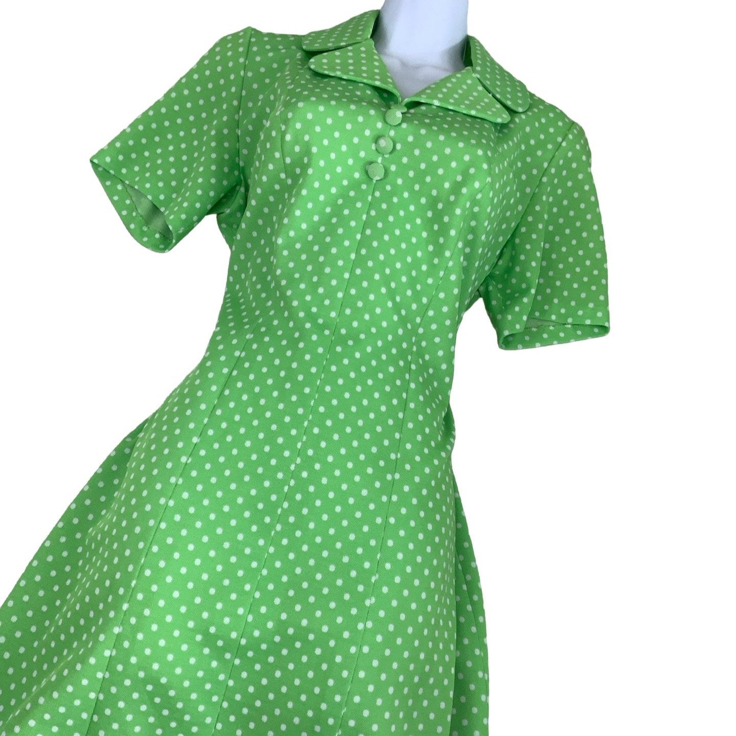 Vintage 60s 70s Green White Polka Dot Mini Dress 12 14