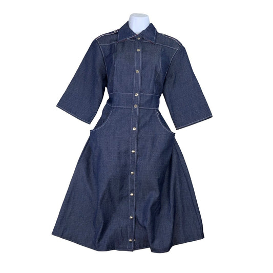 Vintage 70s 80s ‘Kleidung’ Blue Denim Dagger Collar Pockets Midi Dress 10 12