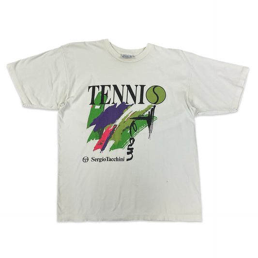Vintage 90s Sergio Tacchini "Tennis" Graphic White Tee M