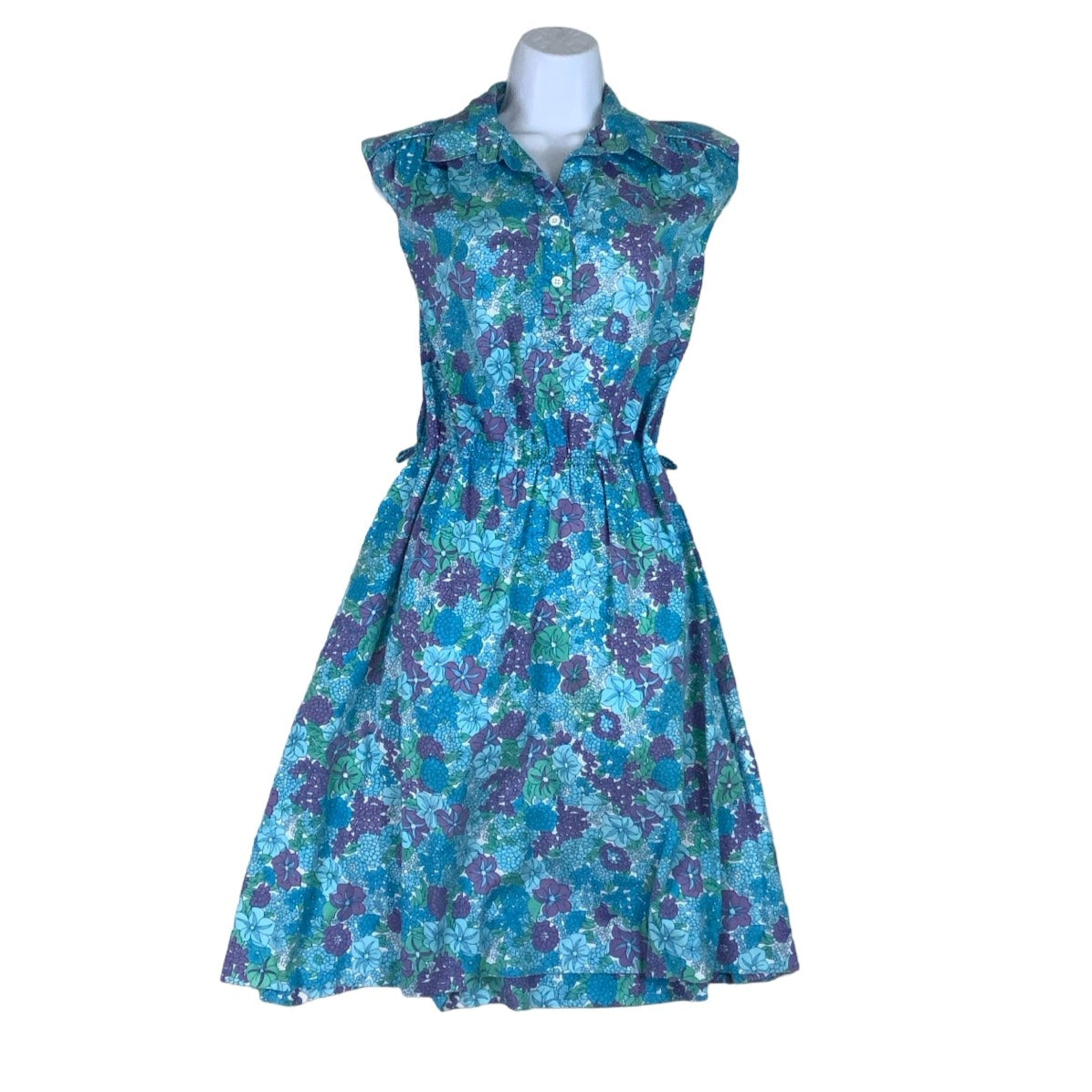 Vintage 80s Blue Purple Green Floral Sleeveless Summer Dress 10 12