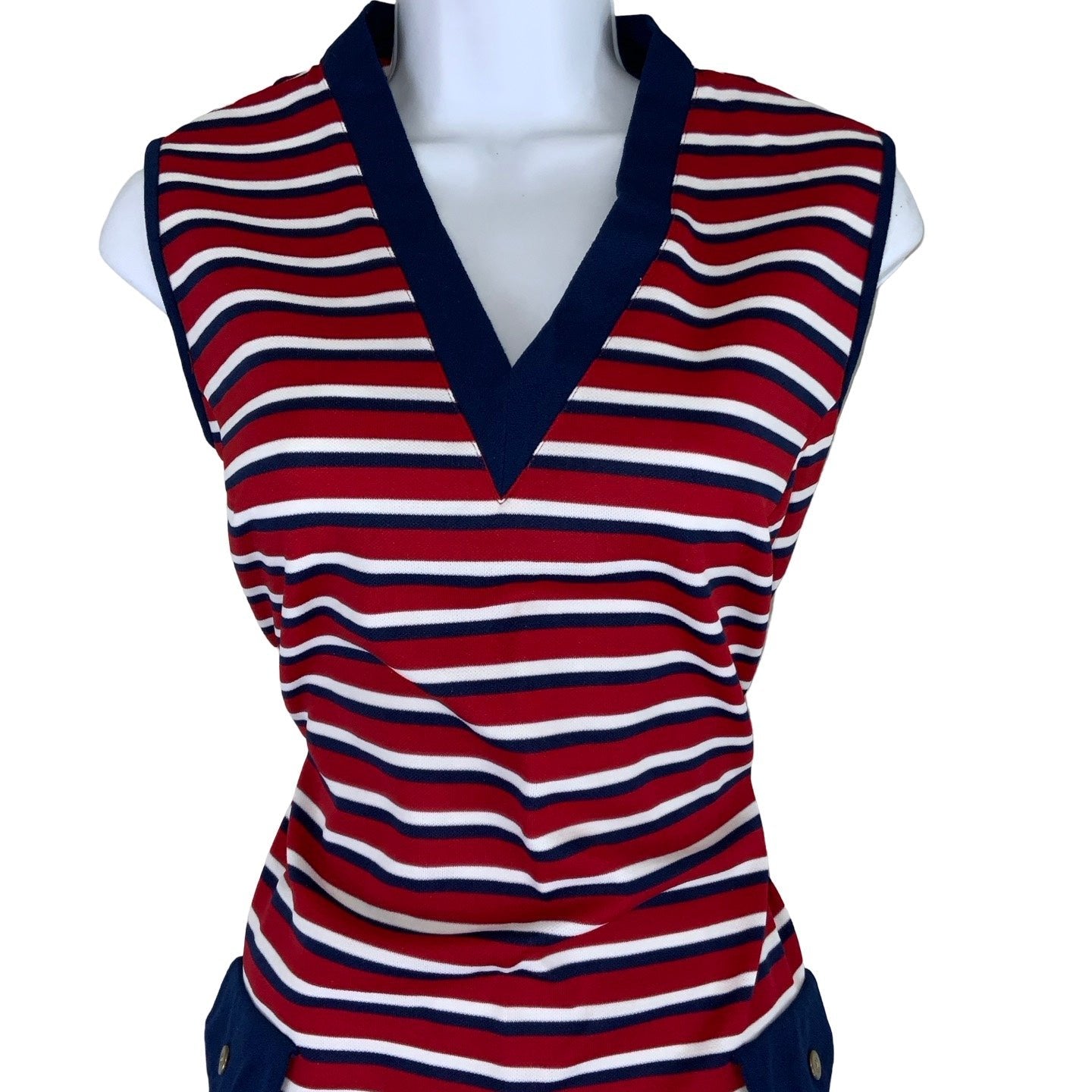 Vintage 60s 70s ‘Miloty’ Red Blue Stripe V-Neck Shift Dress 10 12