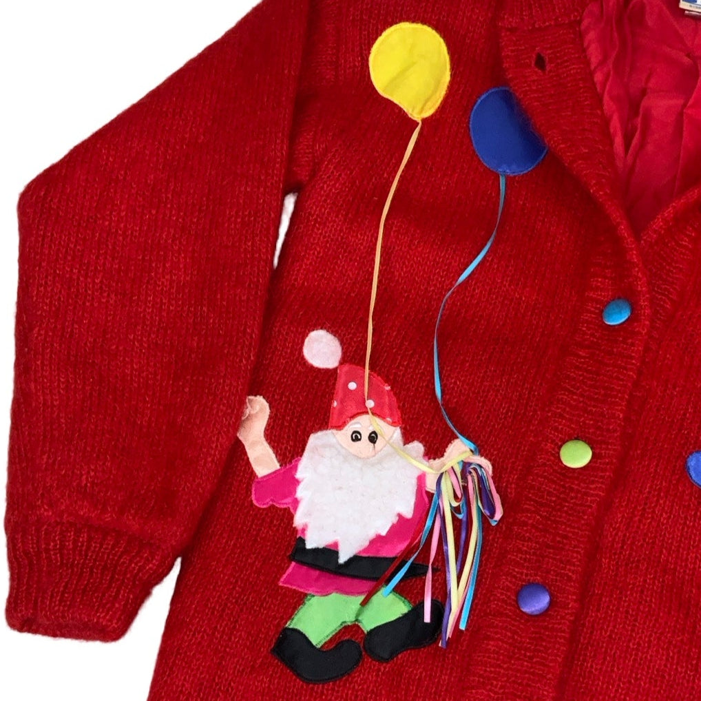 Vintage ‘Yessica’ Red Whimsical Mushroom Gnome Embroidered Mohair Cardigan 18 20 XL