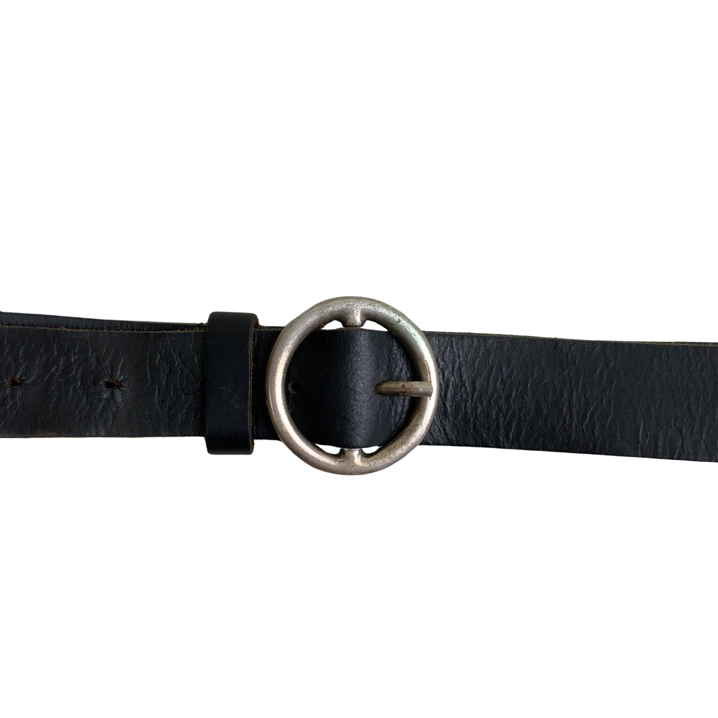 Vintage Black Leather Belt with Silver O-Ring Buckle