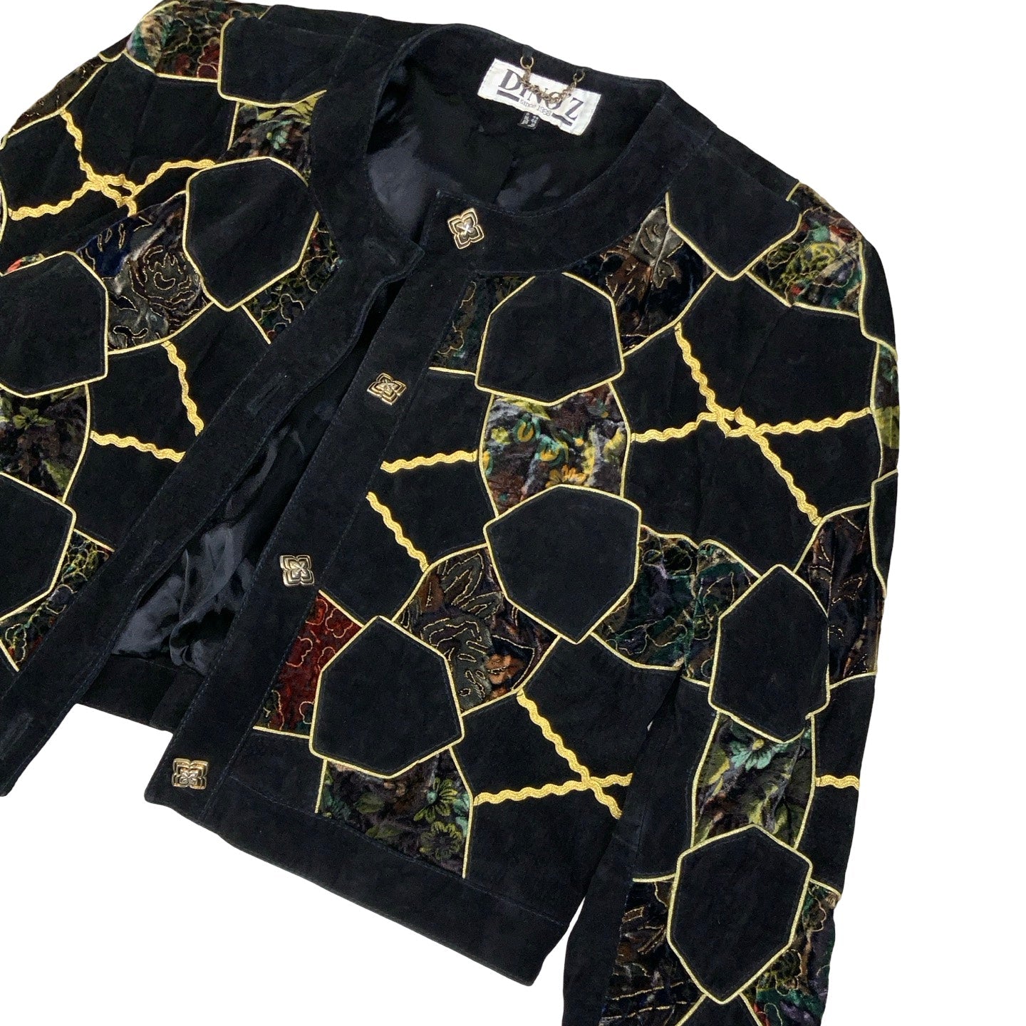 Vintage 80s ‘Dino’z’ Black Gold Patchwork Embroidered Velvet Crop Suede Leather Jacket 16 18 L