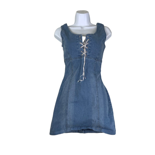 Vintage 90s ‘Lady M’ Corset Front Sleeveless Denim Mini Dress 6 8 XS