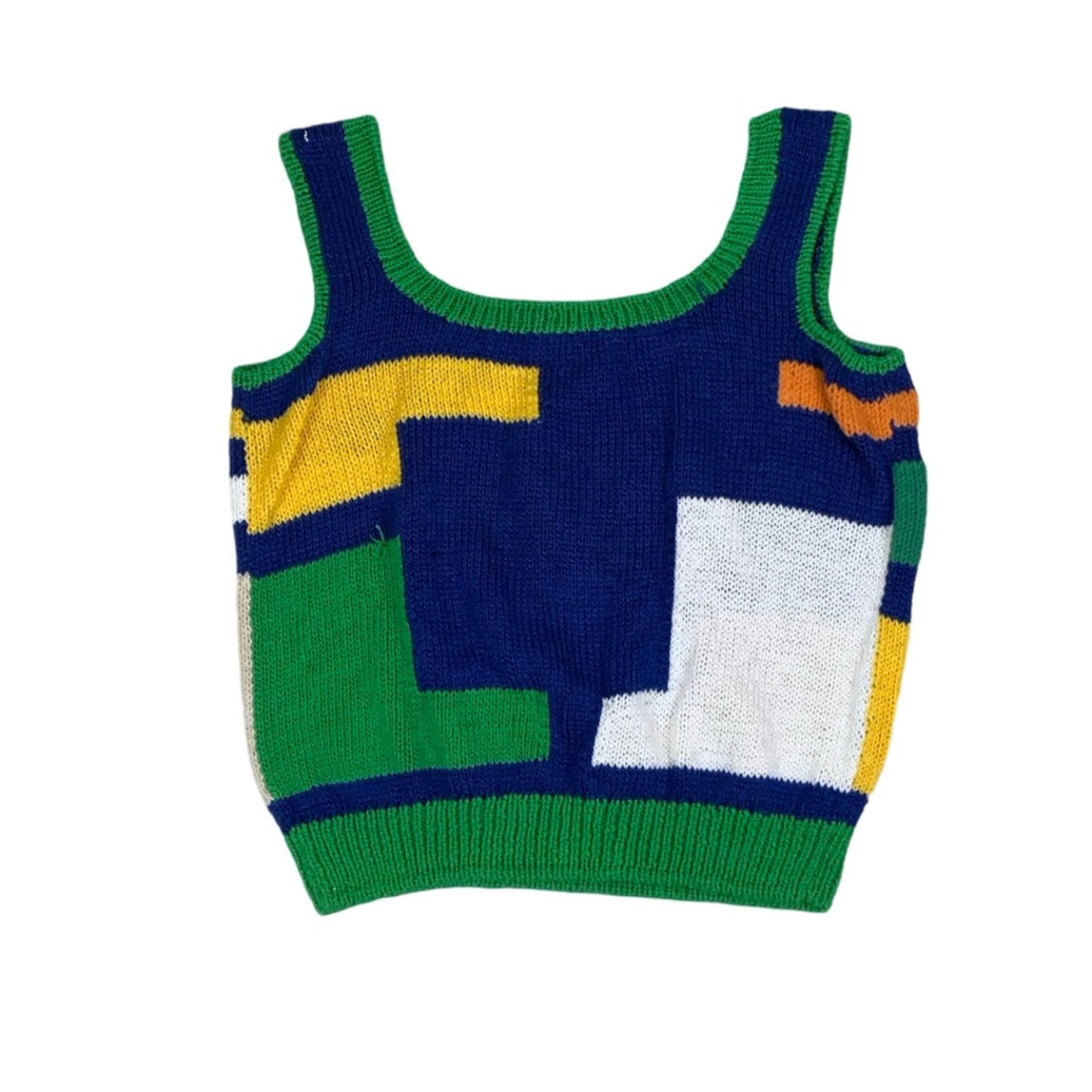 Vintage 80s 90s Blue Yellow White Green Pink Geometric Colour Block Knitted Vest Top 10 12