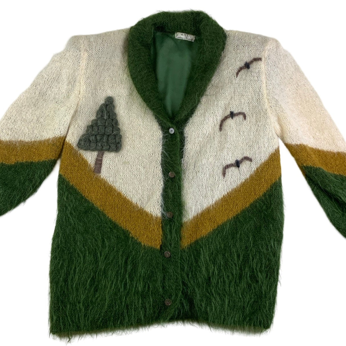 Vintage 80s ‘A. TEX’ Cream Green Scenic Mohair Wool Knit Cardigan 3XL 4XL