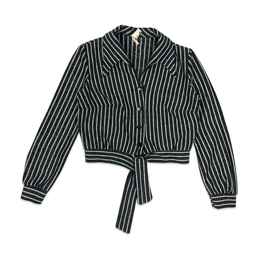 80s Black & Silver Striped Cropped Blouse 12