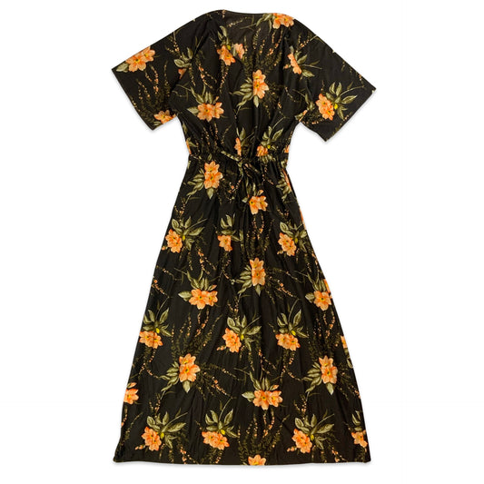 Vintage Brown & Orange Floral Maxi Dress 8 10 12 14