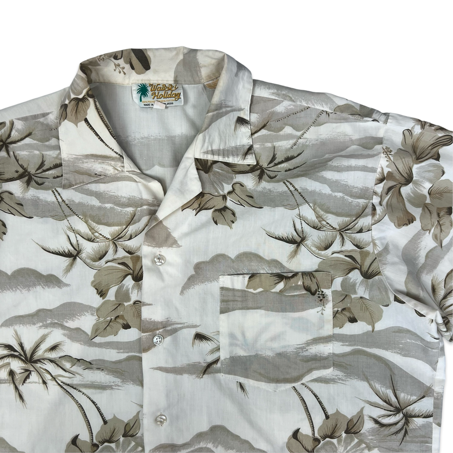 Vintage 70s Beige Botanical Print Aloha Shirt L