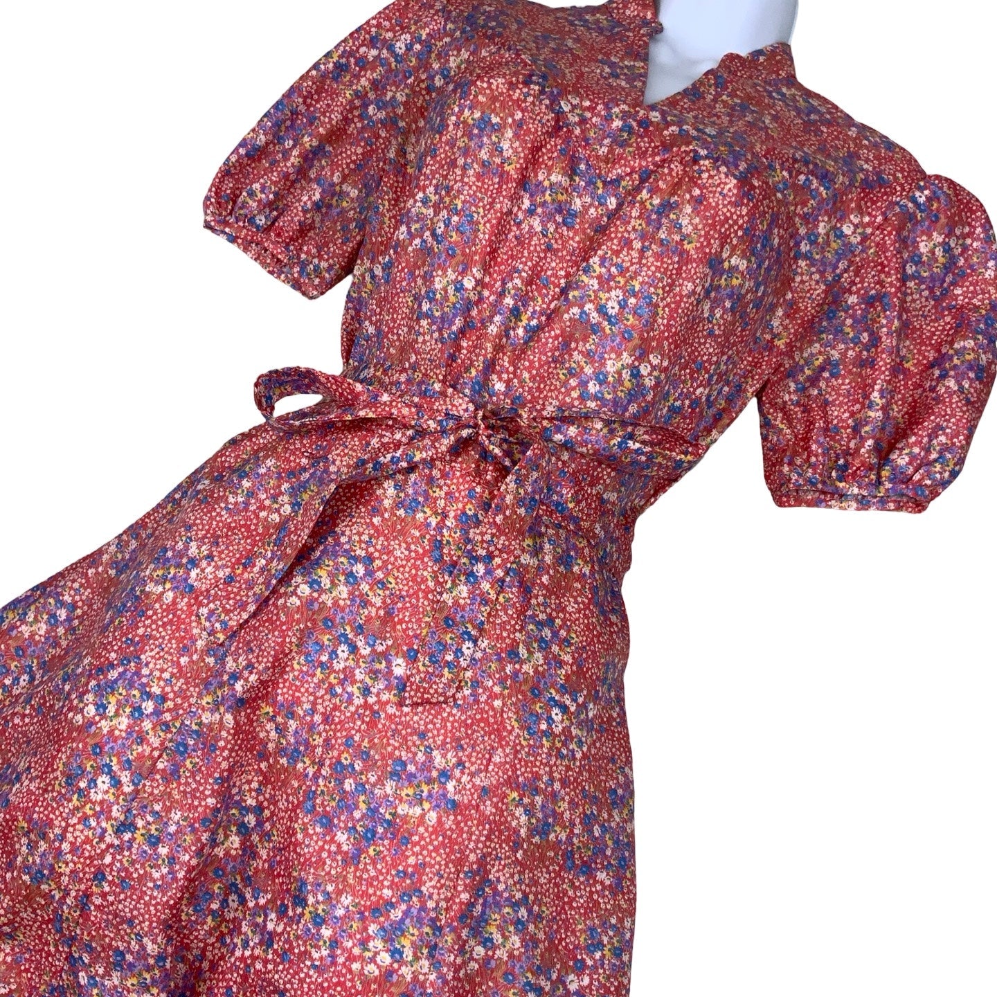 Vintage 80s Red Blue White Floral Summer Dress 8 10