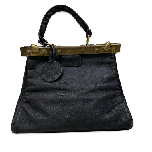 80s Black Leather Handbag with Gold Clasp