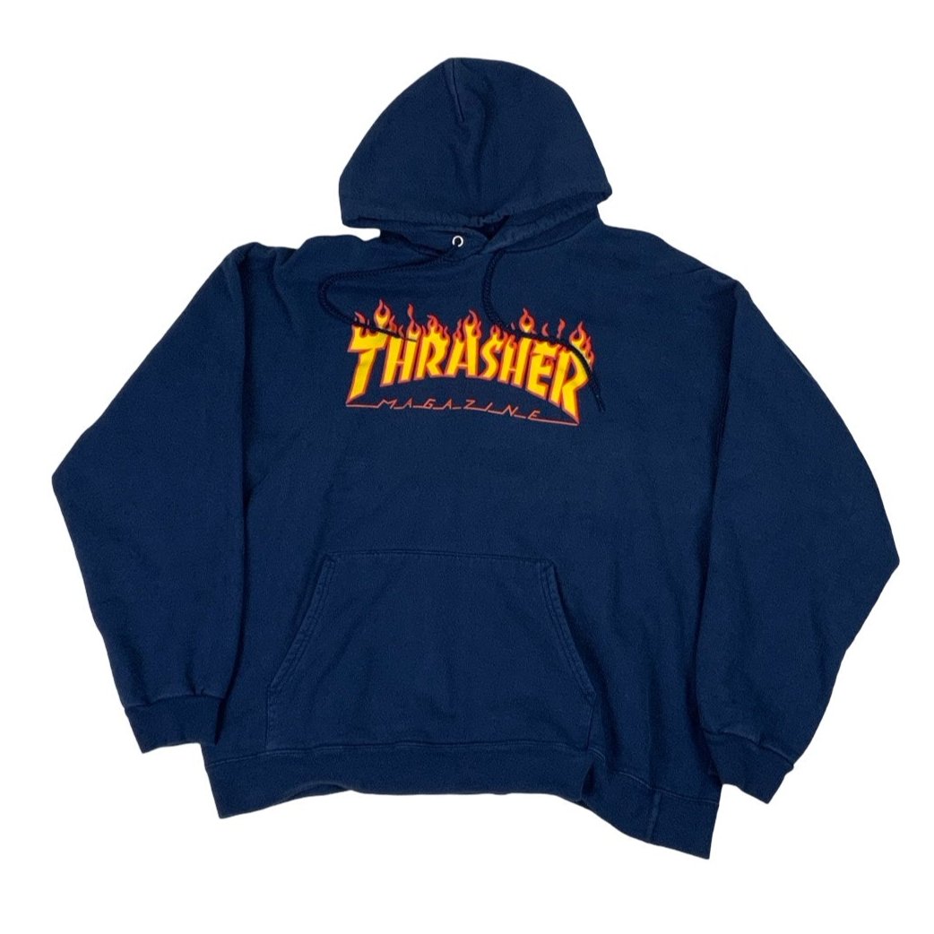 Vintage 90s 'Thrasher Magazine' Navy Blue Pull-Over Hoodie M L