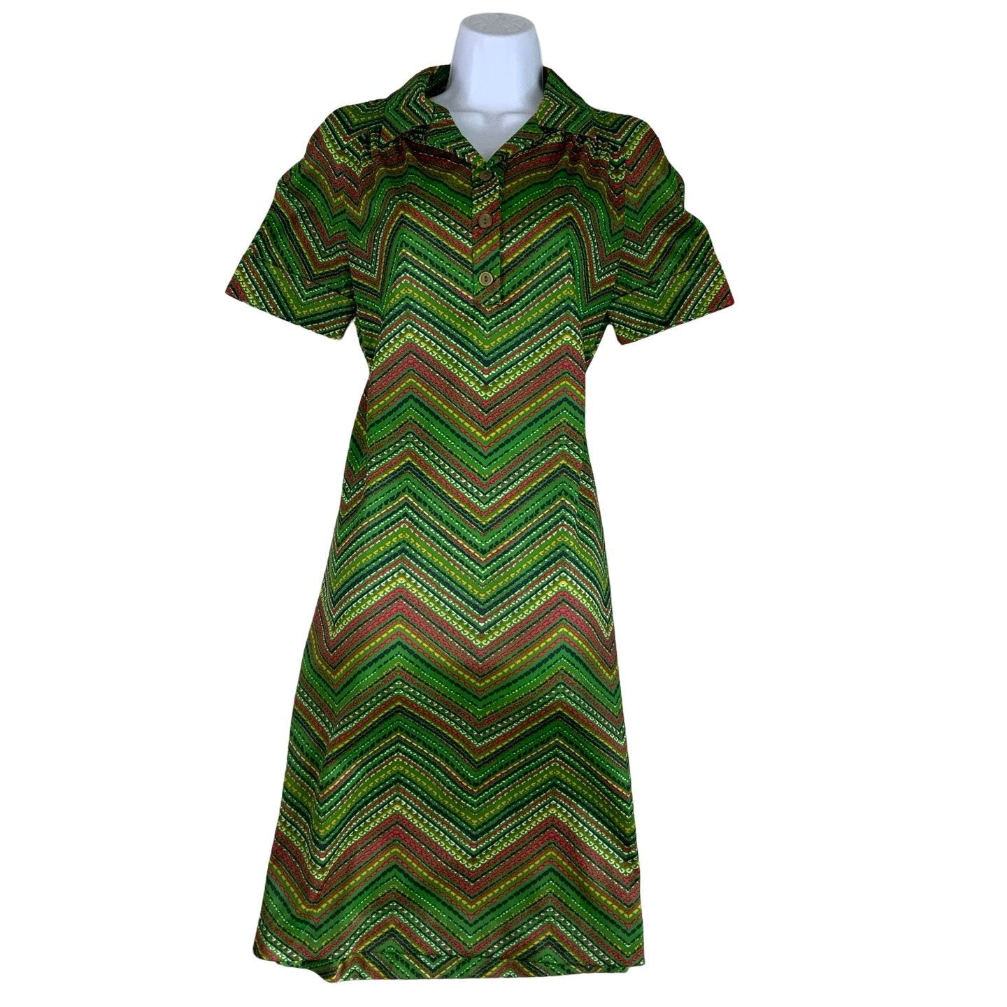 Vintage 60s 70s Green Zip-Zag Shift Midi Dress 12 14 16