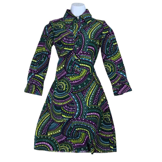 Vintage 70s 80s 'Puccini' Purple Green Yellow Geometric Swirl Mini Shift Dress 6 8 10