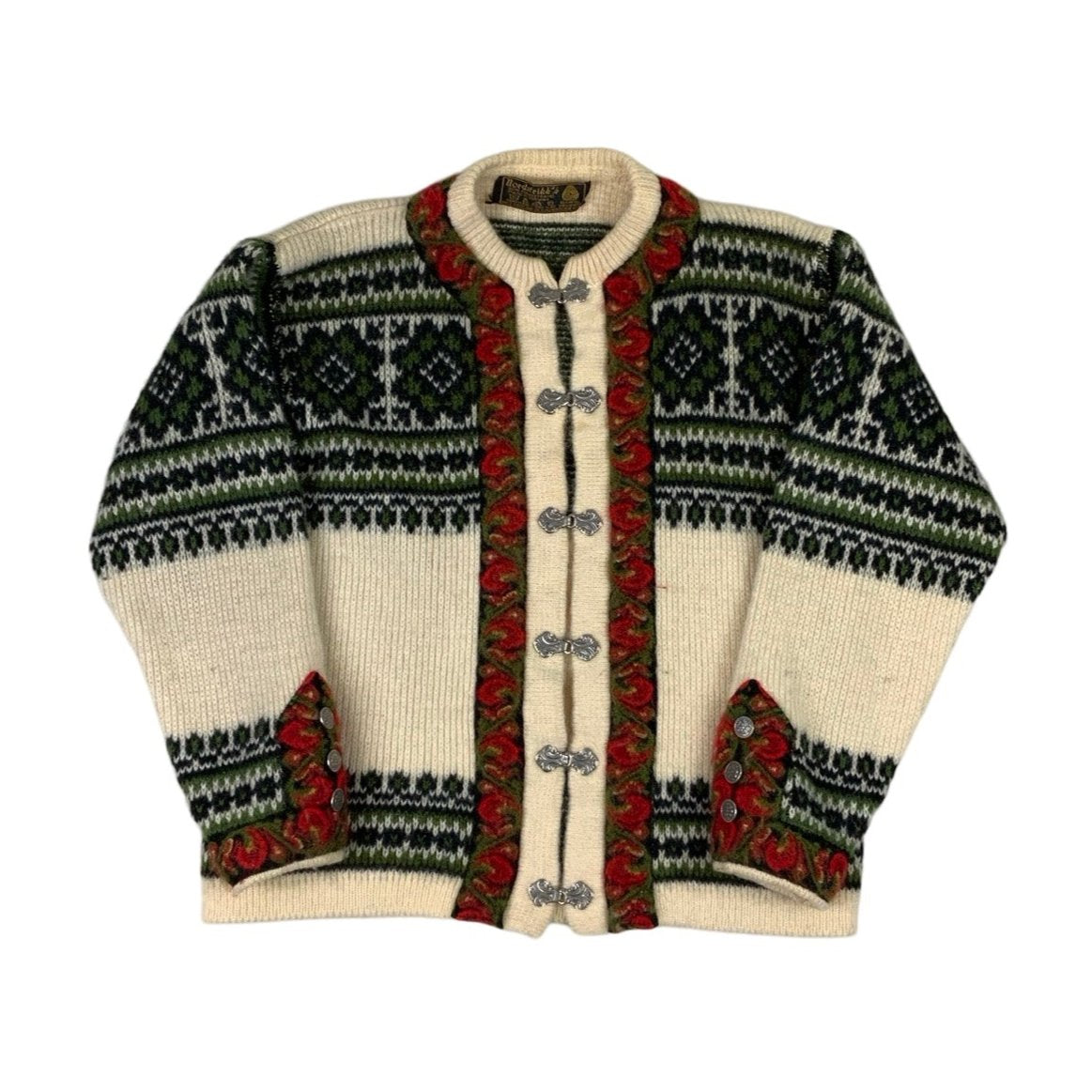 Vintage 'Nordstrikk' White Red Green Nordic Wool Knit Cardigan