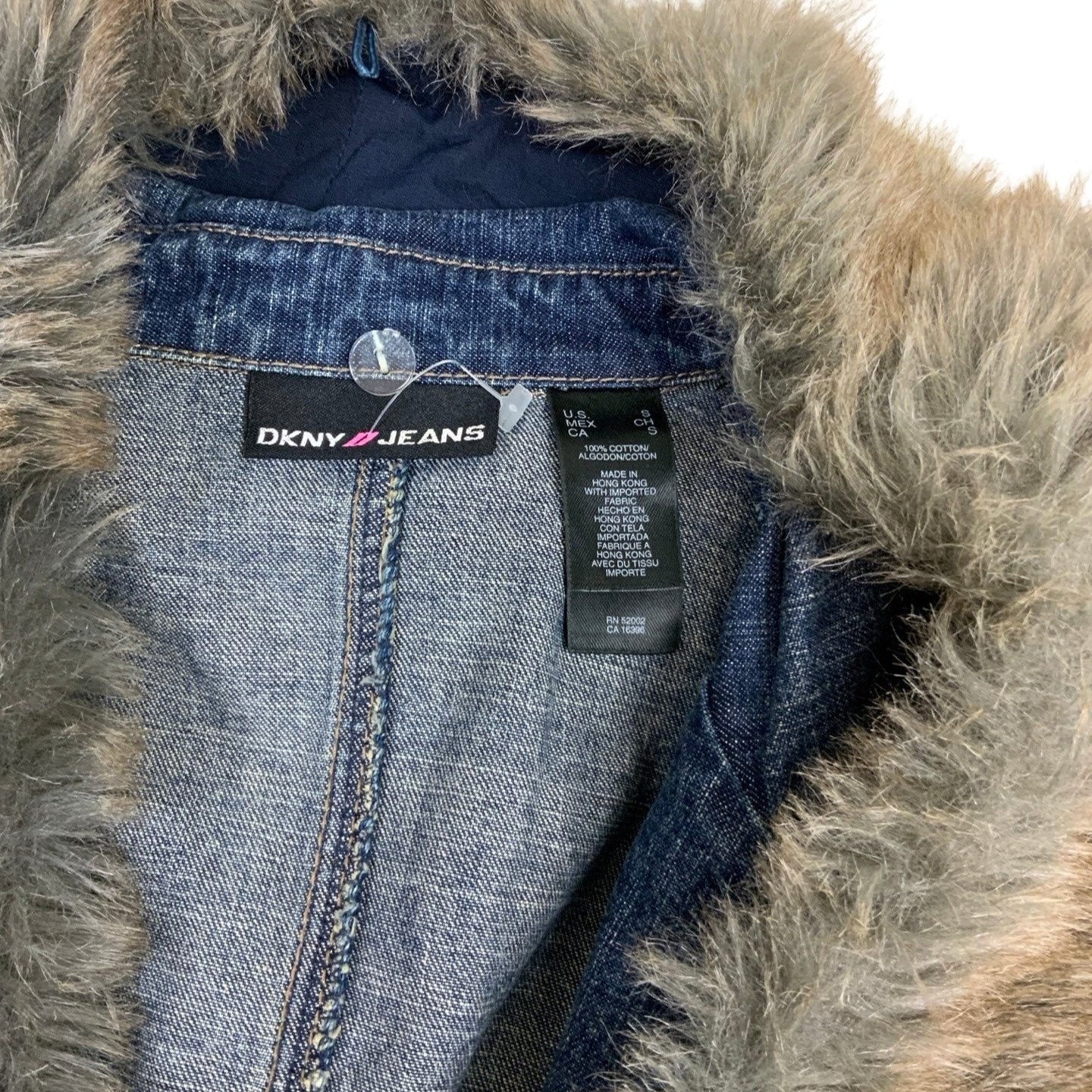 Vintage 90s 'DKNY Jeans' Faux Fur Long Light Denim Coat Jacket S 10 12