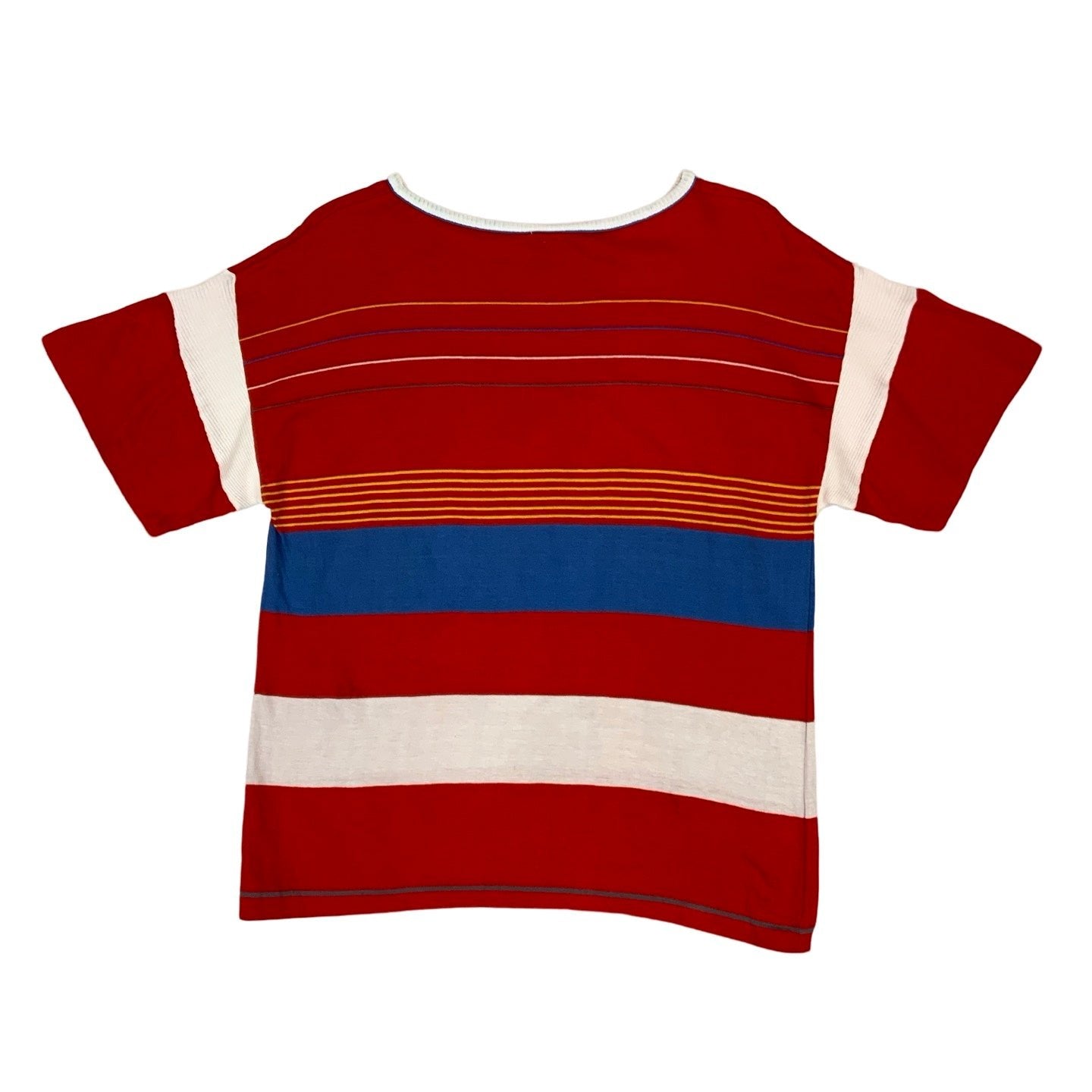 Vintage 70s 80s Red White Blue Yellow Cotton Striped Tee Top